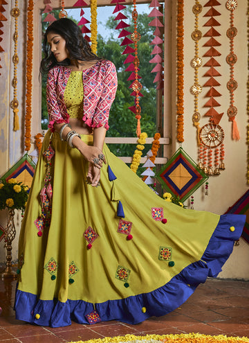 Jacket Style Muslin Cotton Green Navratri Lehenga Choli